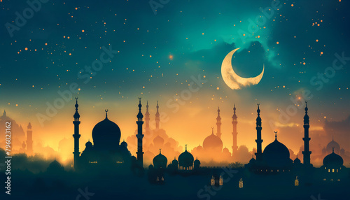 Silhouette of mosque at sunset sky