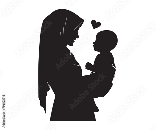 vector silhouette of mother and baby, mothers day card, graphics mother child logo, icon