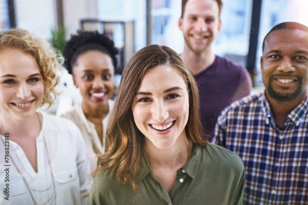 Happy woman, portrait and office with creative team in business startup, growth or diversity. Female person, employee or positivity with smile in multicultural group, unity or about us at workplace Happy woman, portrait and office with creative team in business startup, growth or diversity. Female person, employee or positivity with smile in multicultural group, unity or about us at workplace