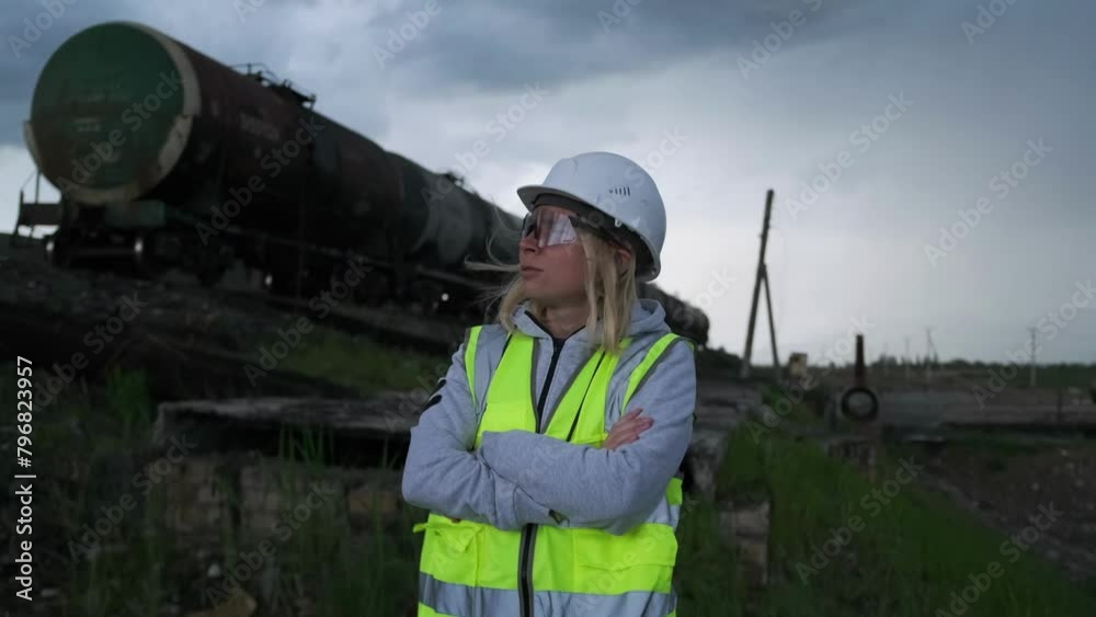 Confident handsome female railway station worker arms crossed stands near carriage with oil next to an industrial plant in a hard hat and reflective vest. Confident handsome female railway station worker arms crossed stands near carriage with oil next to an industrial plant in a hard hat and reflective vest.