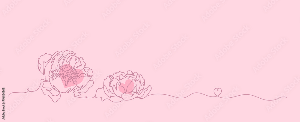 Peony continuous line art with heart on pink pastel background, minimalist botanical floral hand drawn, wedding, invitation love element vector illustration Peony continuous line art with heart on pink pastel background, minimalist botanical floral hand drawn, wedding, invitation love element vector illustration