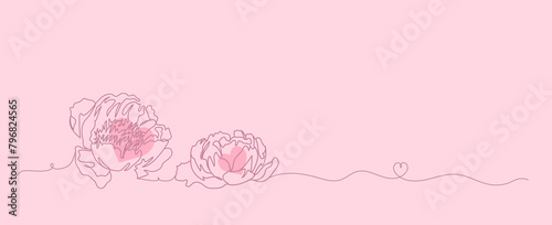 Peony continuous line art with heart on pink pastel background, minimalist botanical floral hand drawn, wedding, invitation love element vector illustration © ABC Vector