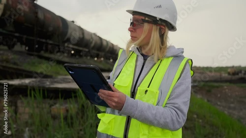 Woman railway worker controller holding digital tablet analyzing data checklist, on railroad cars background, close up, professional inspector.