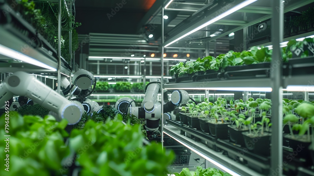 Advanced Autonomous Robots Maintaining a Futuristic Indoor Vertical Farm A Sustainable Vision of Modern Agriculture Generative ai