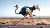 3D Caricature: Running Ostrich in Mid-Stride, Funny Ostrich Caricature: 3D Running Illustration, Ostrich in Motion: 3D Caricature Illustration, Ostrich: 3D Caricature with Long Neck