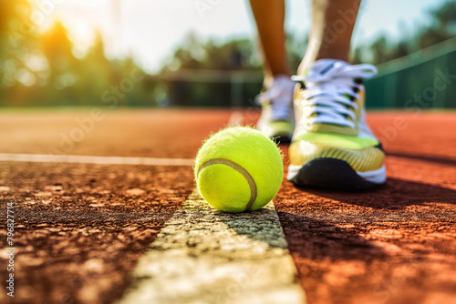 Close-up view of a tennis ball on a clay court with a player's sneakers in the background, capturing the anticipation of a tennis match at sunrise