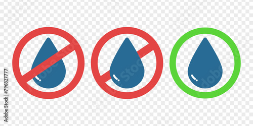 Availability or quality of drinking water prohibit icon. Forbidden water drink. Not allowed drink. Allowed water drink