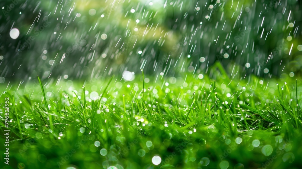 A close-up shot of raindrops falling on freshly cut grass, capturing the vibrant green hues and sparkling water droplets A close-up shot of raindrops falling on freshly cut grass, capturing the vibrant green hues and sparkling water droplets