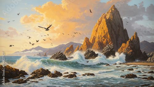  a large rock outcropping on the shore with large waves crashing against it. There is a bright orange sky with many birds flying in the foreground. There are also mountains in the background. photo