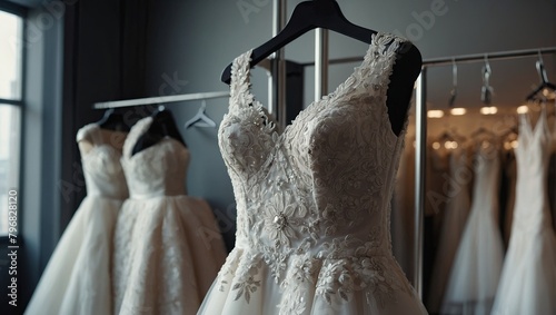 There are six wedding dresses of varying shades of white and champagne hanging on a clothing rack.
