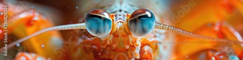 A panoramic macro shot focuses on the vivid blue eyes of a shrimp