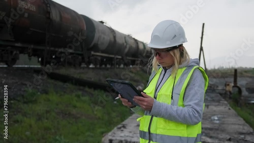 Female railway worker controller wearing white hard hat and safety vest at outdoors near railroad cars, takes notes in digital tablet in wind, background. Copyspace.