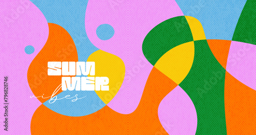 Summer bright vintage background with liquid abstract shapes. Fluid juicy illustration, cover template, geometric overlay art in vivid retro colors and minimal style. Vintage vector packaging layout.
