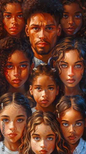 A painting of a man with many children in front and behind him, AI © starush