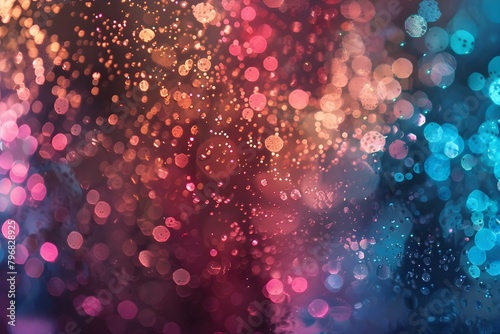 Glittery background with pink red blue gold hues and blurred highlights. Concept Glitter, Pink, Red, Blue, Gold, Blurred Highlights
