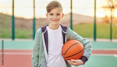 A teen boy in athletic wear confidently holding a basketball on an outdoor court © Marko