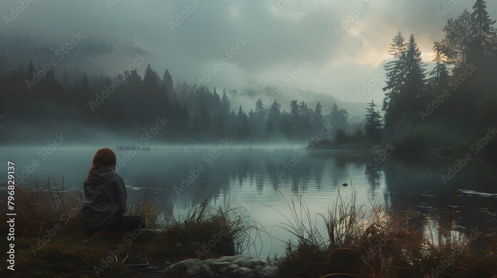 Solitary Contemplation in a Misty Forest Landscape Solitary Contemplation in a Misty Forest Landscape