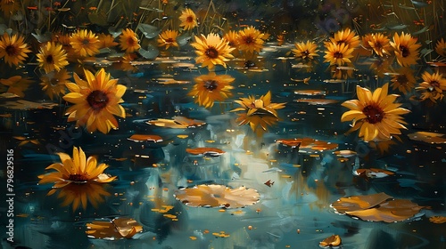 Create an afternoon setting where sunflowers tower over a reflective pond photo