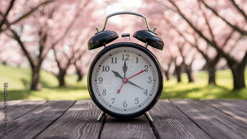 Alarm clock with cherry blossoms, switch to daylight saving time in spring, summer time changeover with a free space photo