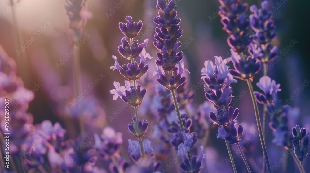 A close-up view of delicate purple lavender flowers swaying in the gentle breeze