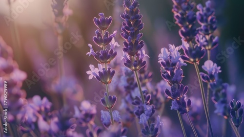 A close-up view of delicate purple lavender flowers swaying in the gentle breeze
