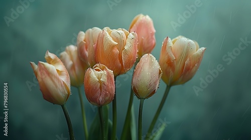 Depict a bouquet of once-vibrant tulips, now drooping and desaturated, their stems bending under the weight of time
