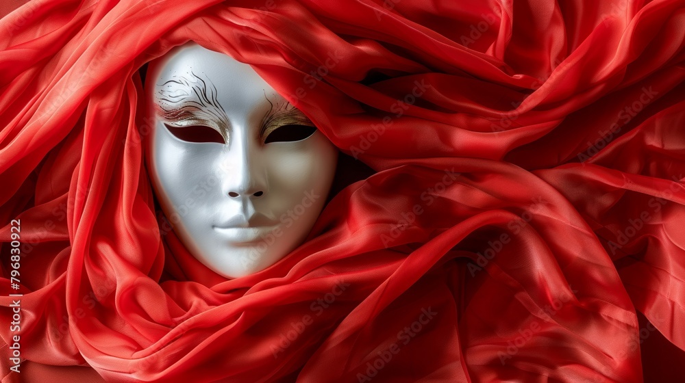 Close-up on a stark white mask, red silk flowing, a dramatic contrast for modern abstract art Close-up on a stark white mask, red silk flowing, a dramatic contrast for modern abstract art