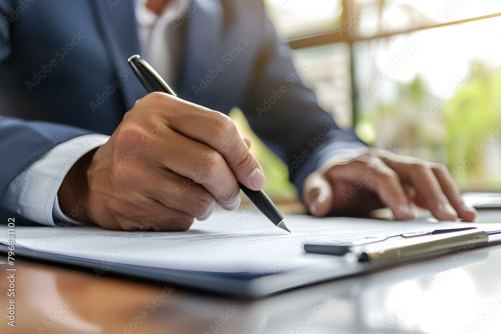 Businessman signing lucrative contract after reviewing terms closeup of hand with pen. Concept Business, Contract, Signing, Success, Professionalism