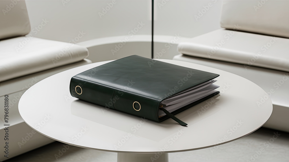 An emerald notebook lies on a white table, with gold fittings. An emerald notebook lies on a white table, with gold fittings.