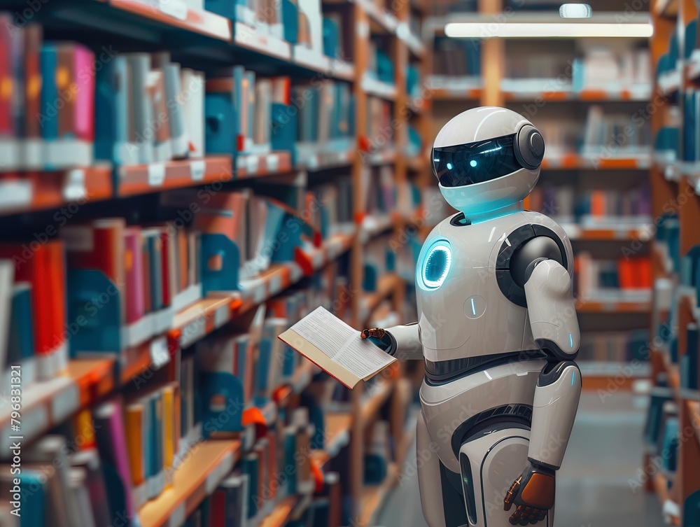 AI-powered personal assistant robots organizing books in a futuristic library, demonstrating advanced categorization skills
