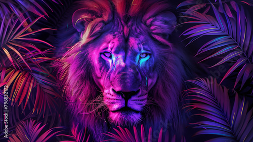 Neon background with tropical leaves and lion portrait.