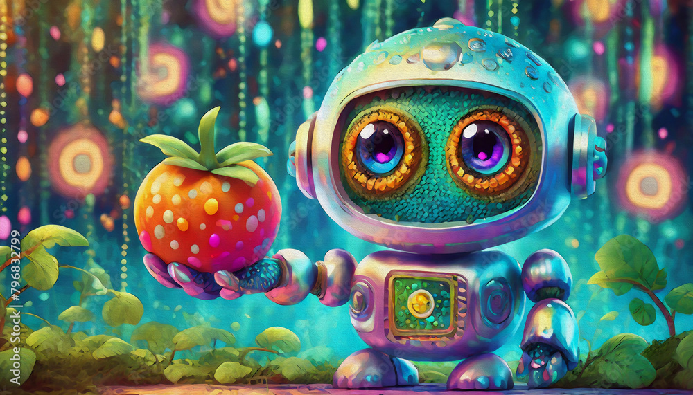 oil painting style CARTOON CHARACTER cute robot hold a tomato isolated on binary cod background oil painting style CARTOON CHARACTER cute robot hold a tomato isolated on binary cod background