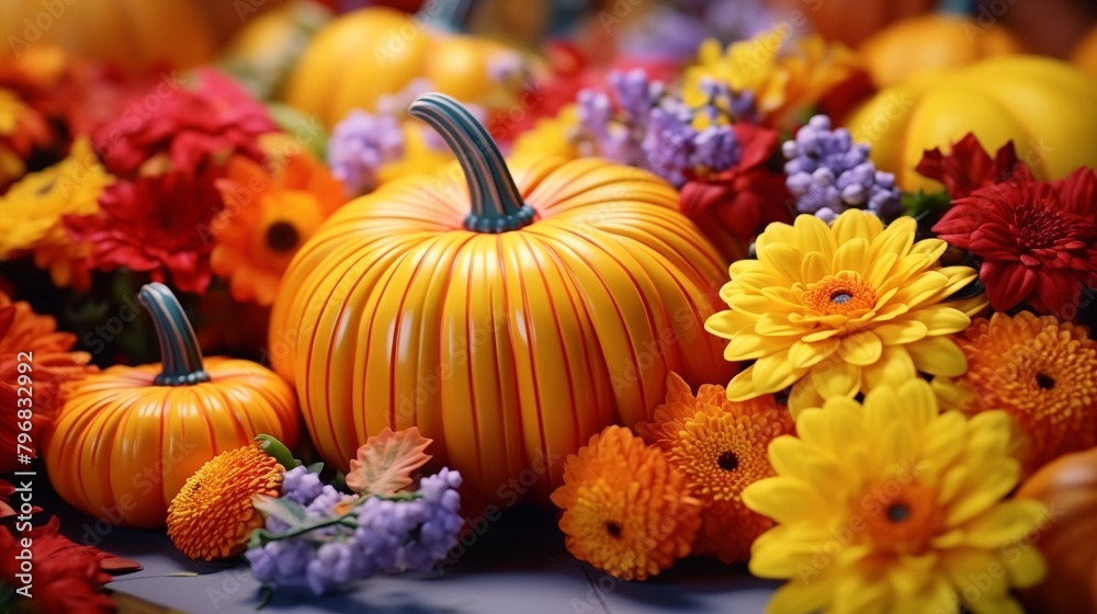 Bright background with beautiful thanksgiving decorating. Pumpkins with fruits, flowers, vegetables and leaves. Bright background with beautiful thanksgiving decorating. Pumpkins with fruits, flowers, vegetables and leaves.