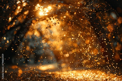Enchanting golden light particles swirl dramatically, highlighting a mysterious path through darkness photo