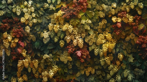 A hazy backdrop of various hop varieties with their vibrant colors and unique shapes blending together to create a mesmerizing and eyecatching display of natures beauty. .