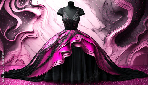 Long luxurious hot pink and black dress on showroom display in front of an exquisite marble backdrop. Glamorous and creative fashion design.