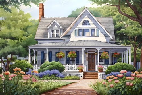 Dutch Colonial Style House (Cartoon Colored Pencil) - Originated in the early 18th century in the United States, characterized by a gambrel roof, flared eaves, and a central front door photo
