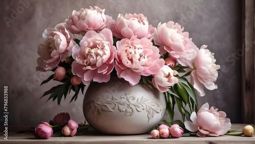 Gorgeous peony bouquet in a contemporary bohemian space. A melancholy image of soft pink peony blossoms in a vase set against a rustic background. Contemporary bohemian design, chic, comfortable inter © Ali Khan