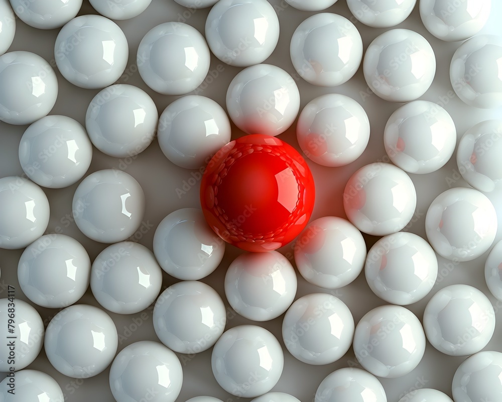 Red Snooker Ball Leading Pathway Through White Balls Depicting Concept of Leadership and Individuality Red Snooker Ball Leading Pathway Through White Balls Depicting Concept of Leadership and Individuality