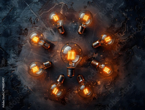 Illuminated Central Bulb Surrounded by Darkness Representing Leadership and