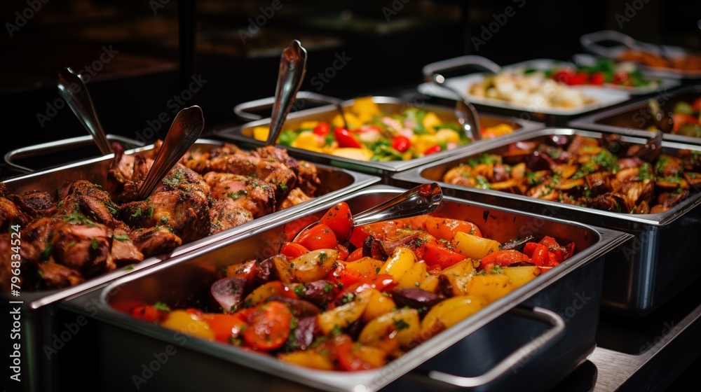 Catering buffet food. Delicious colorful meat and vegetable dishes.