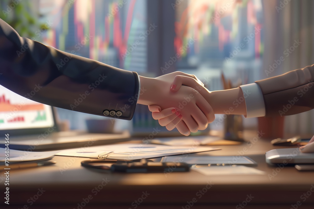 3D rendering of Closeup of hands exchanging a handshake over a desk strewn 3D rendering of Closeup of hands exchanging a handshake over a desk strewn