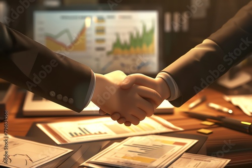 3D rendering of Closeup of hands exchanging a handshake over a desk strewn