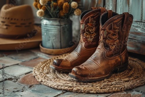A warm, homely depiction of well-worn cowboy boots, emphasizing a sense of tradition