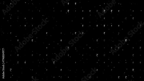 Template animation of evenly spaced indian rupee symbols of different sizes and opacity. Animation of transparency and size. Seamless looped 4k animation on black background with stars