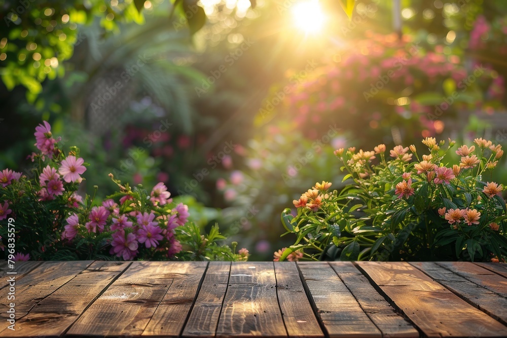 A beautiful flower garden bathed in warm sunset light, inviting relaxation with its wooden foreground deck A beautiful flower garden bathed in warm sunset light, inviting relaxation with its wooden foreground deck