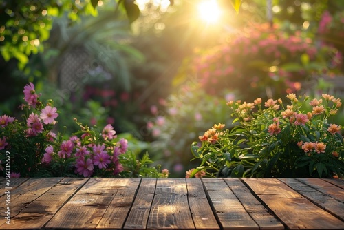 A beautiful flower garden bathed in warm sunset light, inviting relaxation with its wooden foreground deck