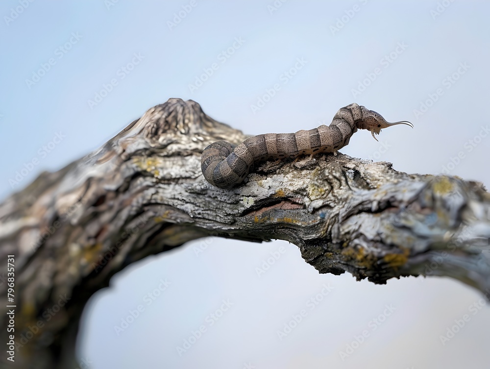 Inchworm's Determined Journey Across a Fallen Branch in the Wilderness Inchworm's Determined Journey Across a Fallen Branch in the Wilderness