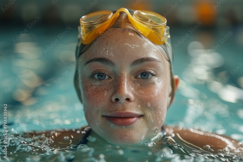 A female swimmer's face close-up, half-submerged in the water of an indoor pool