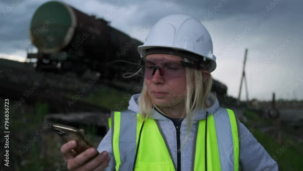Close-up of caucasian railway woman reading messages on a mobile phone against the background of standing railway cars with gasoline. Close-up of caucasian railway woman reading messages on a mobile phone against the background of standing railway cars with gasoline.